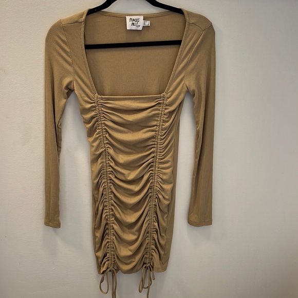 Princess Polly Beige Long Sleeve Mini Dress with Ruching Ties - Picture 2 of 4